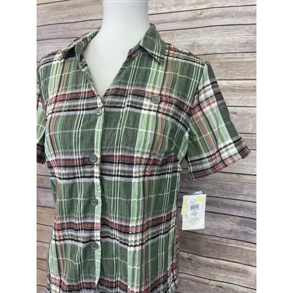 Baxter & Wells Small NWT Plaid Button Front Blouse Green Pink Short Sleeve Top - Picture 3 of 10